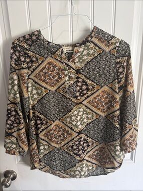 indigo soul Patchwork Print Blouse in Black, Green & Brown
